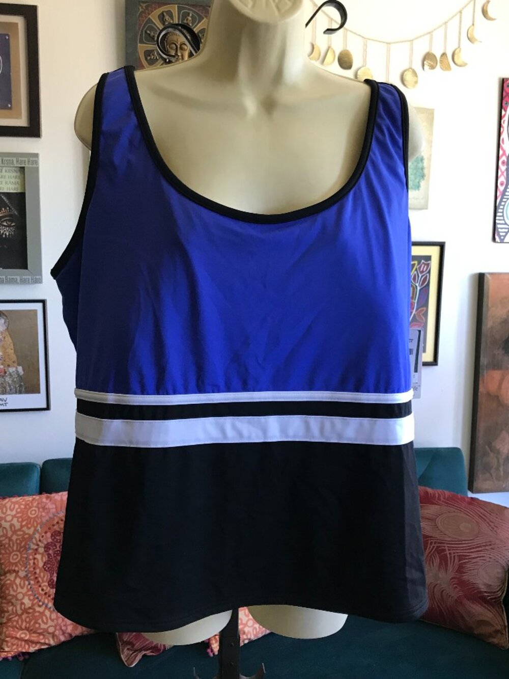 LL BEAN size 24W Blue Black & White Scoop Neck Tankini Tank UPF 50 NWT